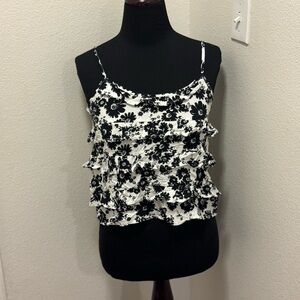 Paper Crane Black White Ruffled Crop Top Tank Top Spaghetti Strap Floral XS NEW